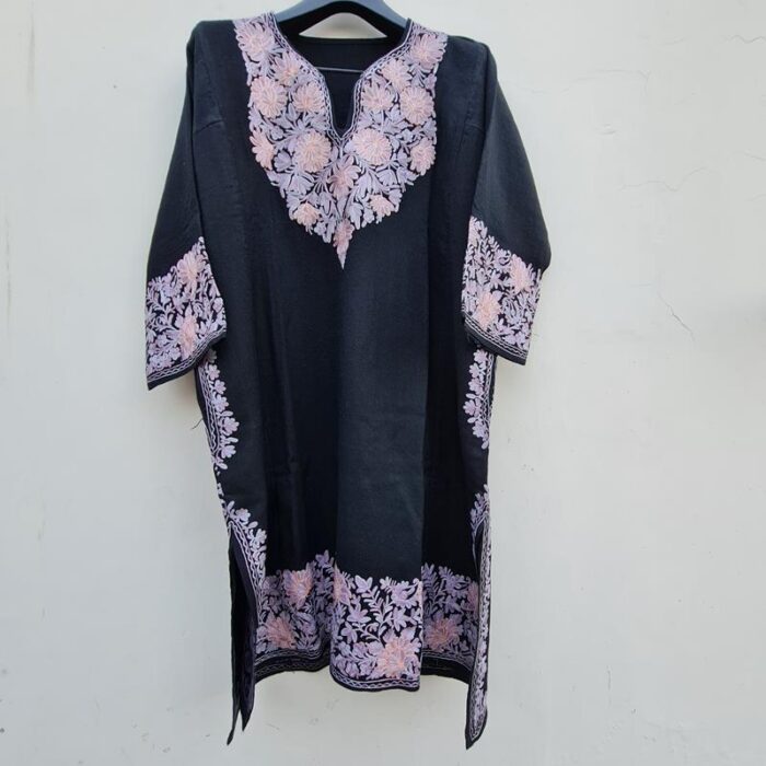 Pure Raffal Wool Black Side Panel Pheran With Aari Work