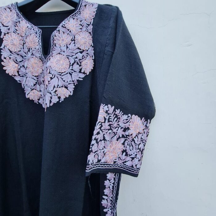 Pure Raffal Wool Black Side Panel Pheran With Aari Work - Image 5