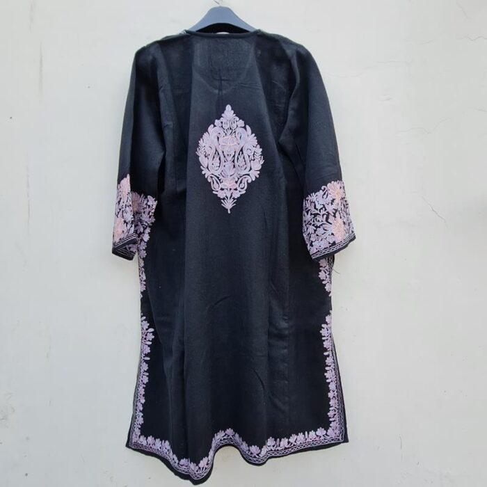 Pure Raffal Wool Black Side Panel Pheran With Aari Work - Image 2