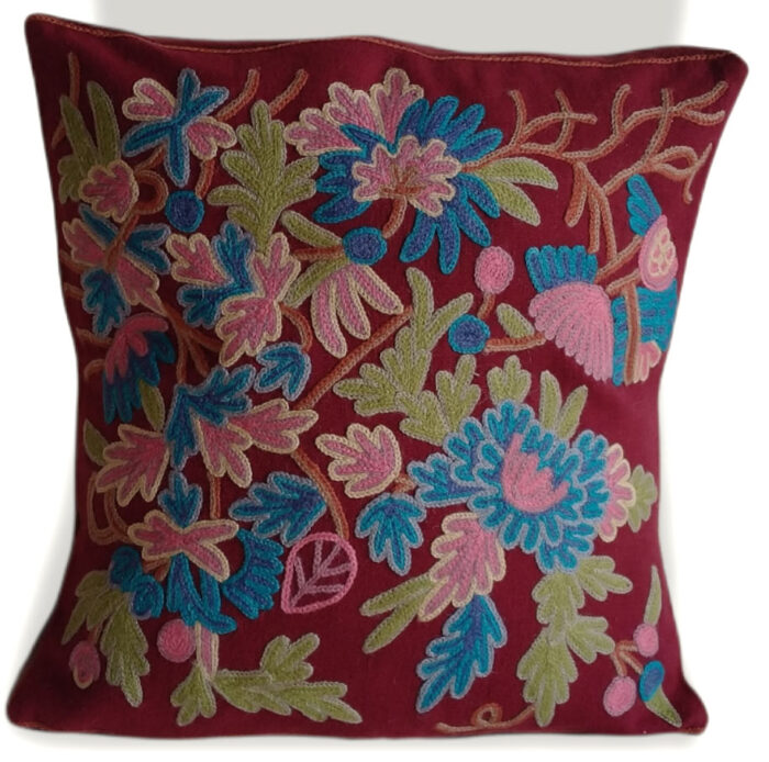 Red Hand Embroidered Kashmiri Crewel 16×16 Cushion Cover