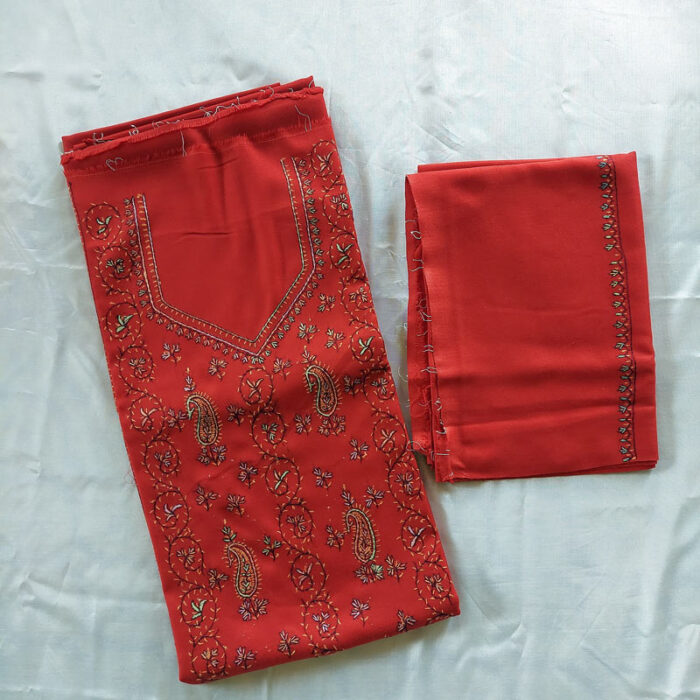 3Pc Red Wool Handwork Suit With Stole