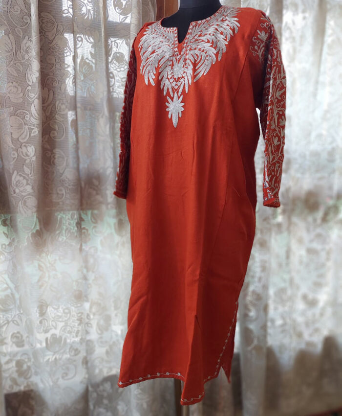 Rust Orange Cashmilon Pheran With Tilla Naal and Arm Jaal - Image 3