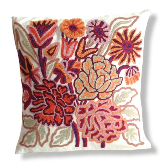 Rust Hand Embroidered Crewel 16×16 Cushion Cover