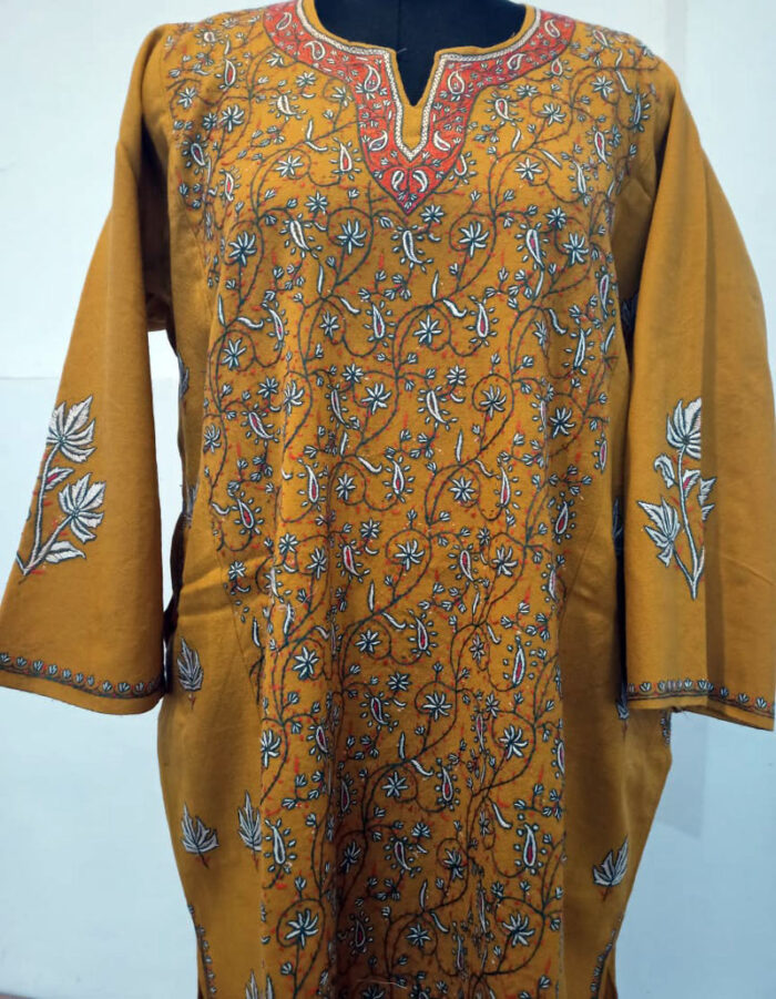 Mustard Pure Raffal Pheran With Beautiful Hand Sozni Work - Image 3