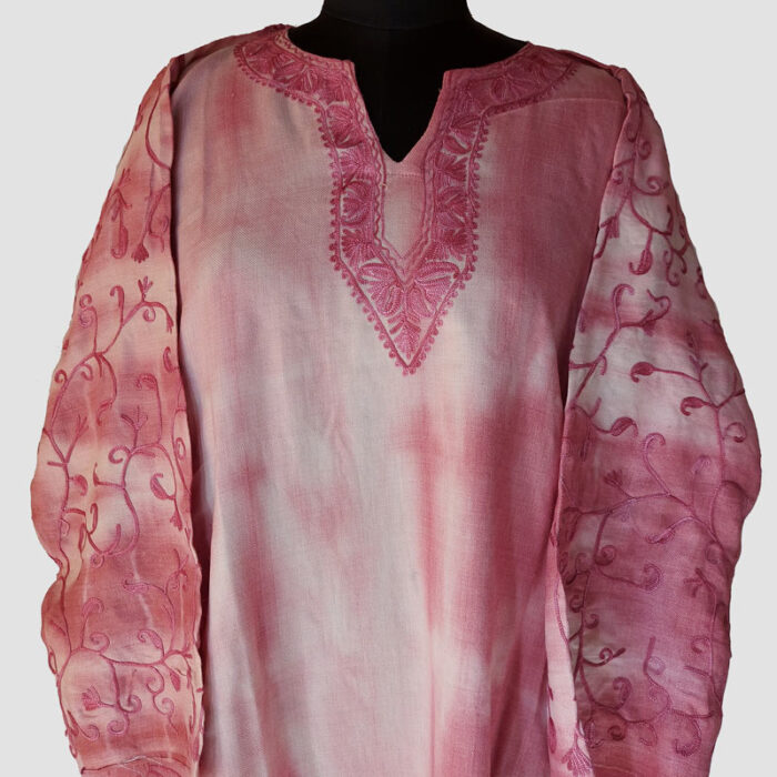 Pink Tie and Dye Cashmilon Pheran with Aari Work