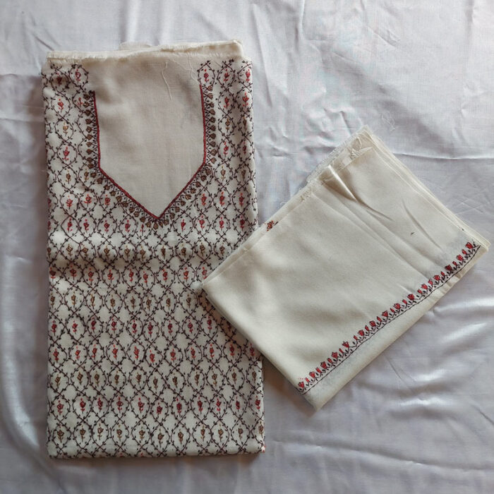 3Pc White Wool Jali Handwork Suit With Stole