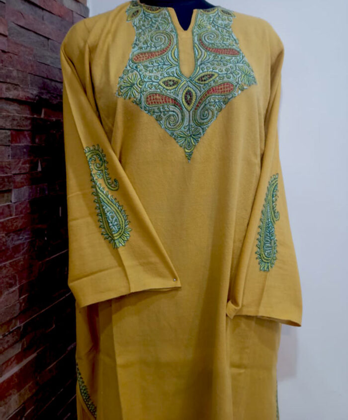 Mustard Yellow Pure Raffal Pheran With Hand Sozni Work