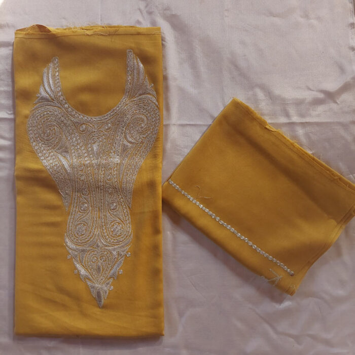 3Pc Yellow Wool Tilla Work Suit With Stole
