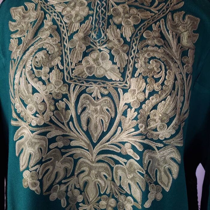 Dark Green Cashmilon Pheran with Chinar Leaf Aari Work - Image 3