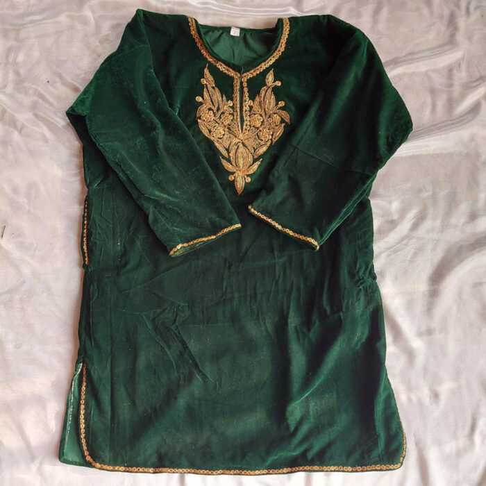 Kids Green Velvet Pheran with Golden Tilla Work (Length 31)