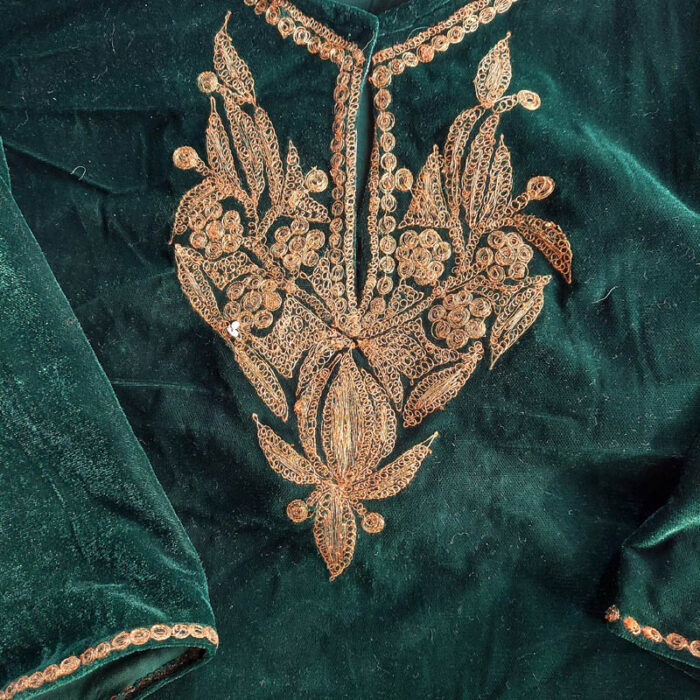 Kids Green Velvet Pheran with Golden Tilla Work (Length 31) - Image 2