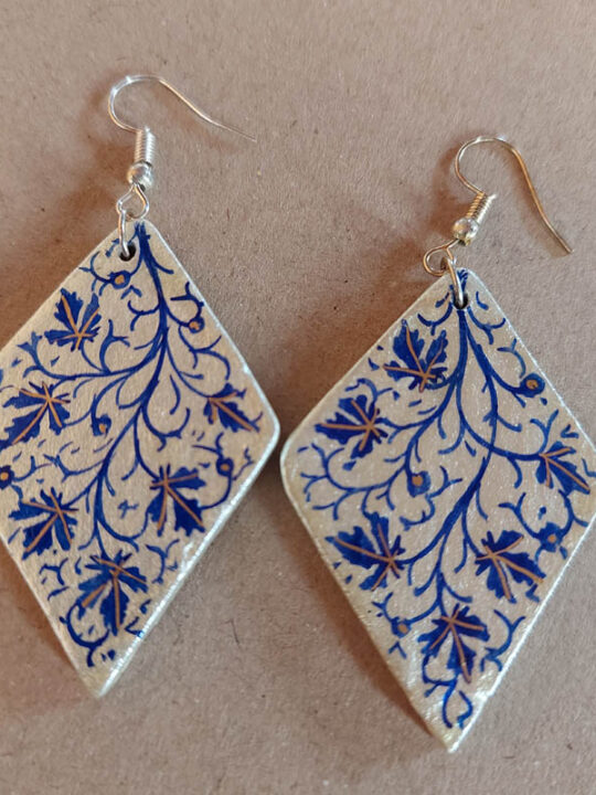 Chinar Blue Leaf Design Paper Mache Ear Rings
