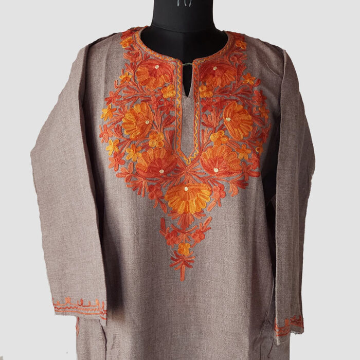 Beige Beautiful Aari Work Cashmilon Pheran