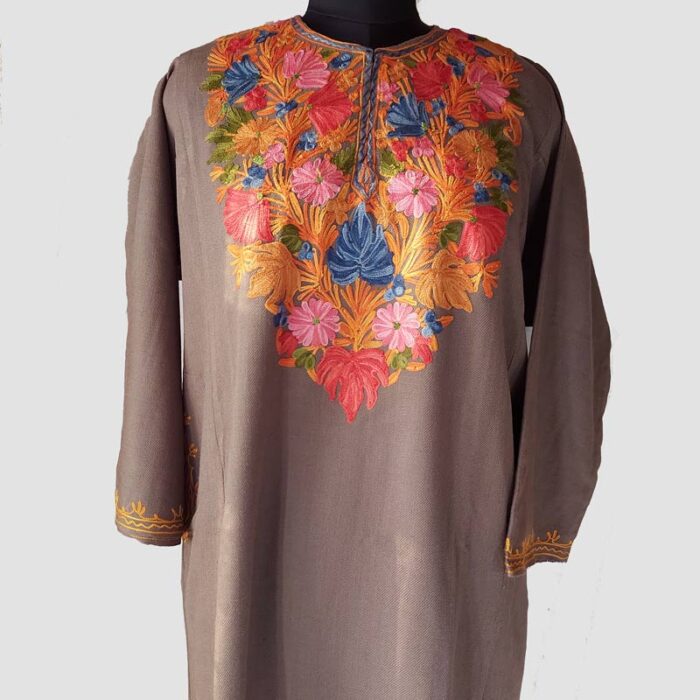 Beige Cashmilon Pheran with Chinar Leaf Aari Work