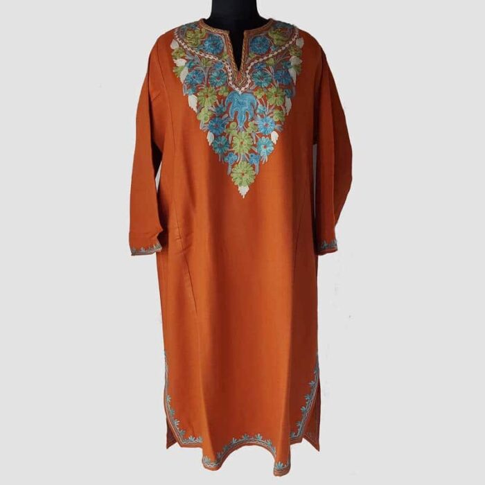 Dark Mustard Cashmilon Pheran with Aari Work - Image 2