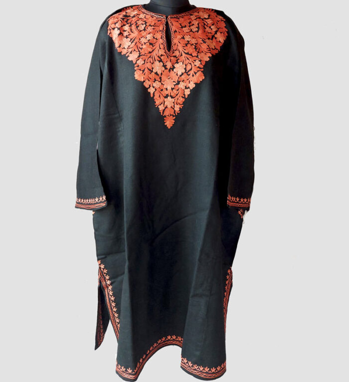 Black Aari Work Pure Raffal Pheran - Image 2