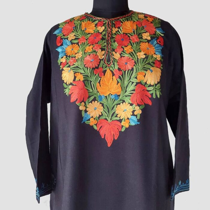 Black Cashmilon Pheran with Chinar Leaf Aari Work