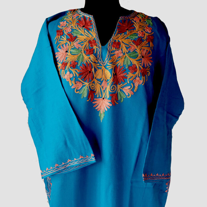 Blue Beautiful Aari Work Cashmilon Pheran