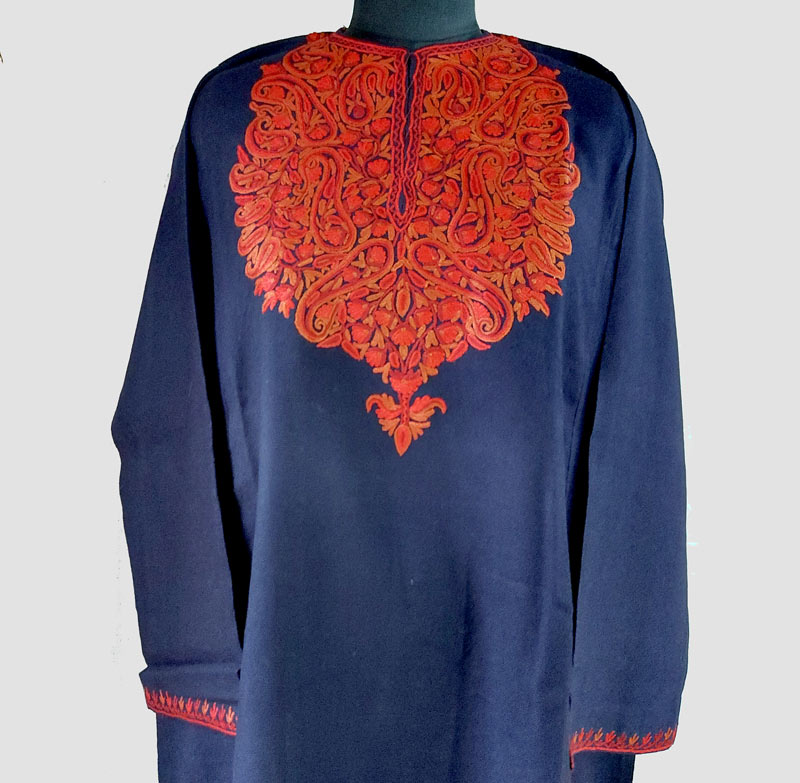 Dark Blue Aari Hand Work Pure Raffal Pheran