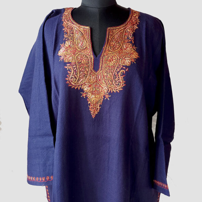 Dark Blue Pure Raffal Phiran With Hand Sozni Work