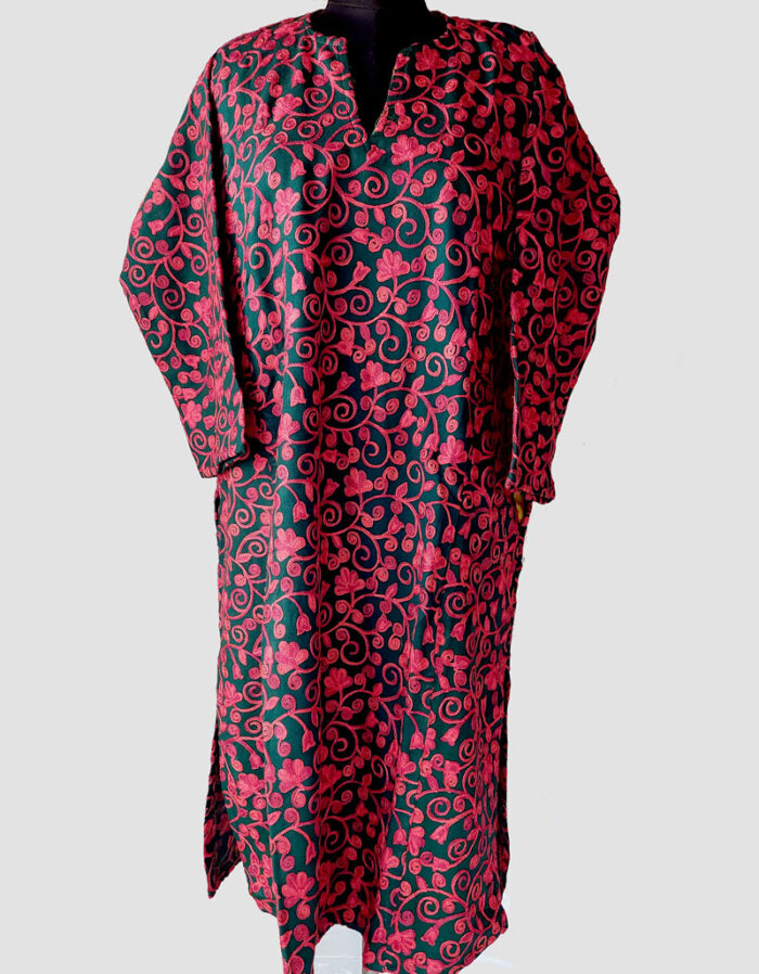 Dark Green Aari Jali Work Cashmilon Pheran - Image 2