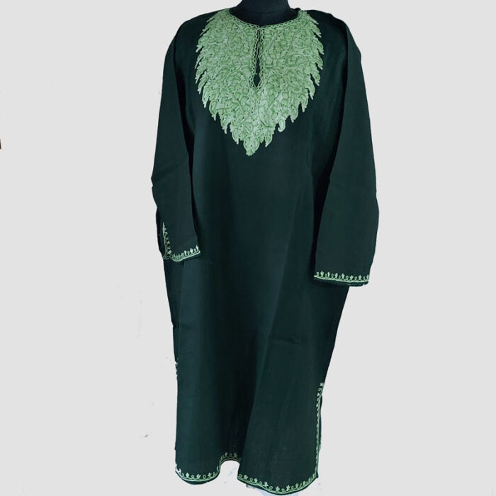 Dark Green Aari Hand Work Pure Raffal Pheran - Image 2