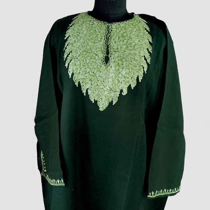 Dark Green Aari Hand Work Pure Raffal Pheran