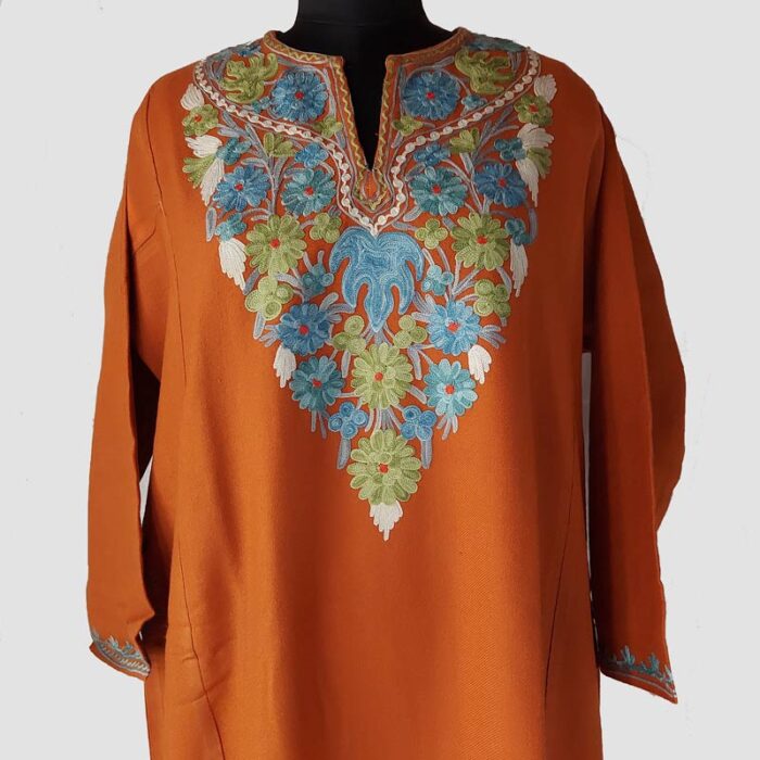 Dark Mustard Cashmilon Pheran with Aari Work