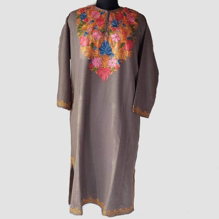 Beige Cashmilon Pheran with Chinar Leaf Aari Work - Image 2