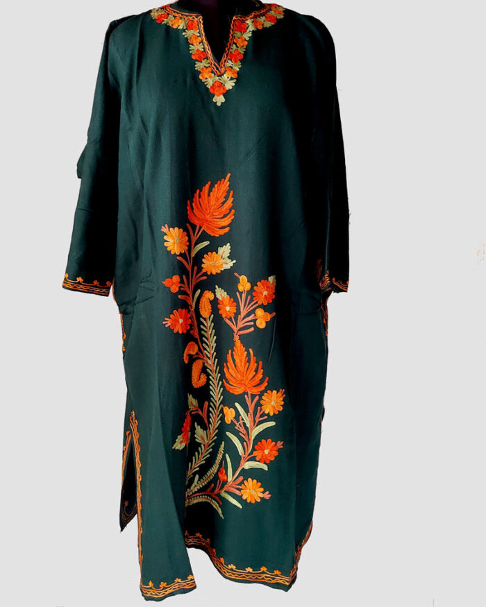 Black Floral Aari Work Cashmilon Pheran - Image 2