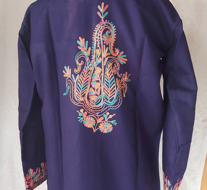 Dark Blue Aari Work Woolen Jacket - Image 3