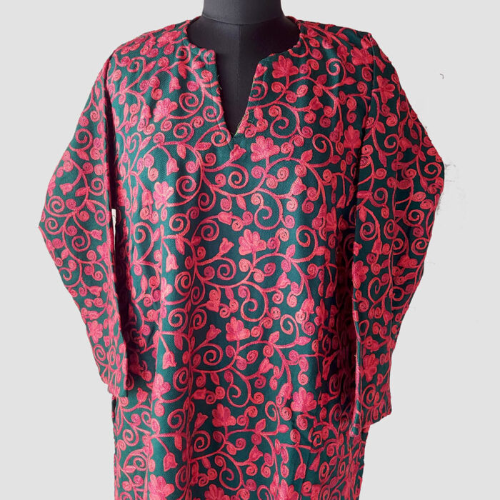 Dark Green Aari Jali Work Cashmilon Pheran
