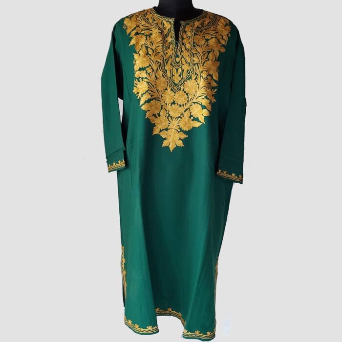Dark Green Cashmilon Pheran with Autumn Aari Work - Image 2