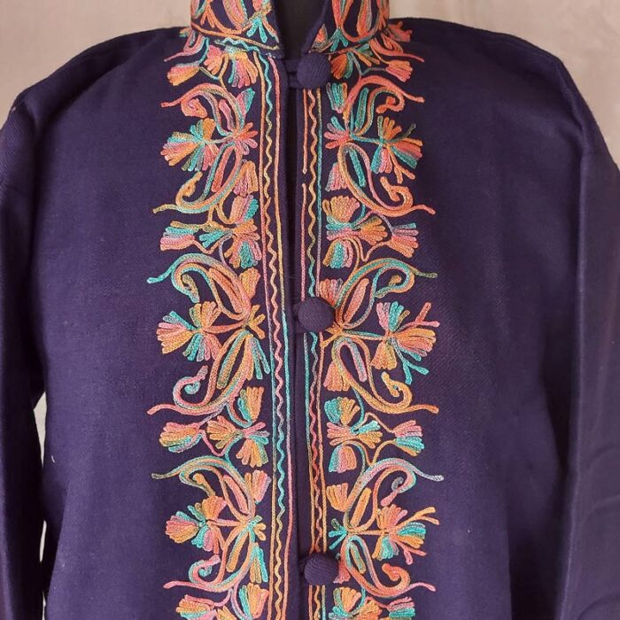 Dark Blue Aari Work Woolen Jacket - Image 2