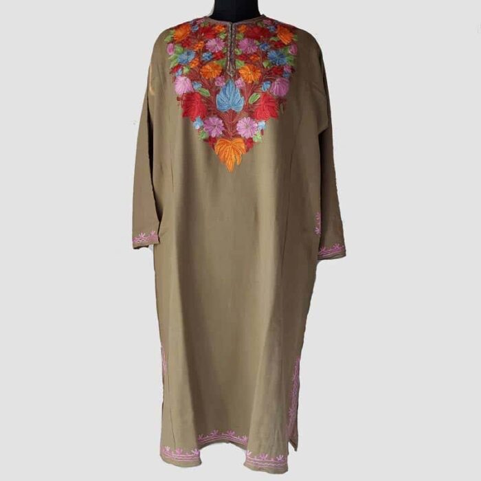 Light Brown Cashmilon Pheran with Aari Work - Image 2