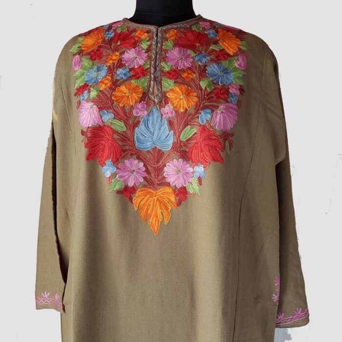 Light Brown Cashmilon Pheran with Aari Work