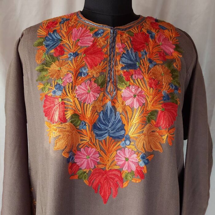 Beige Cashmilon Pheran with Chinar Leaf Aari Work - Image 3