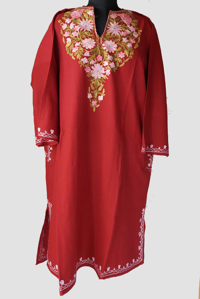 Maroon Multi Color Aari Work Cashmilon Pheran - Image 2