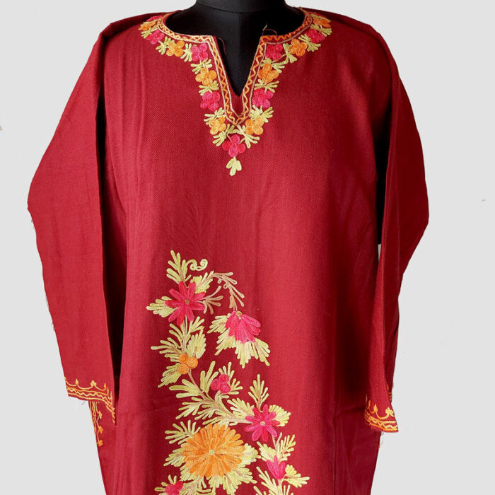 Maroon Beautiful Aari Work Cashmilon Pheran