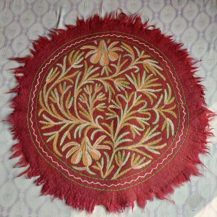 3x3ft Maroon Kashmiri Hand Embroidered Wool Namda Rug
