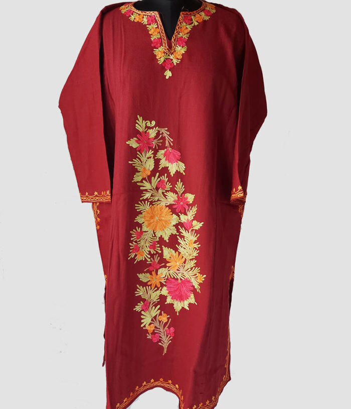 Maroon Beautiful Aari Work Cashmilon Pheran - Image 2