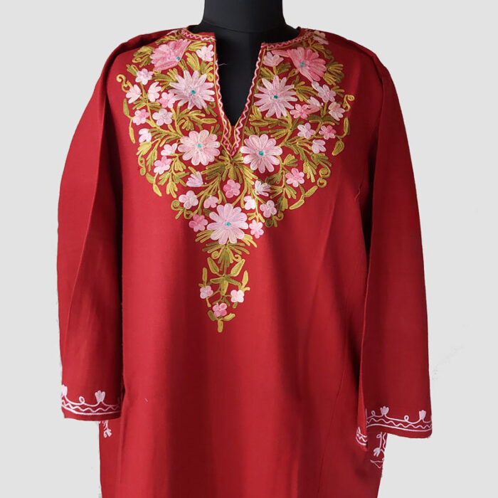 Maroon Multi Color Aari Work Cashmilon Pheran