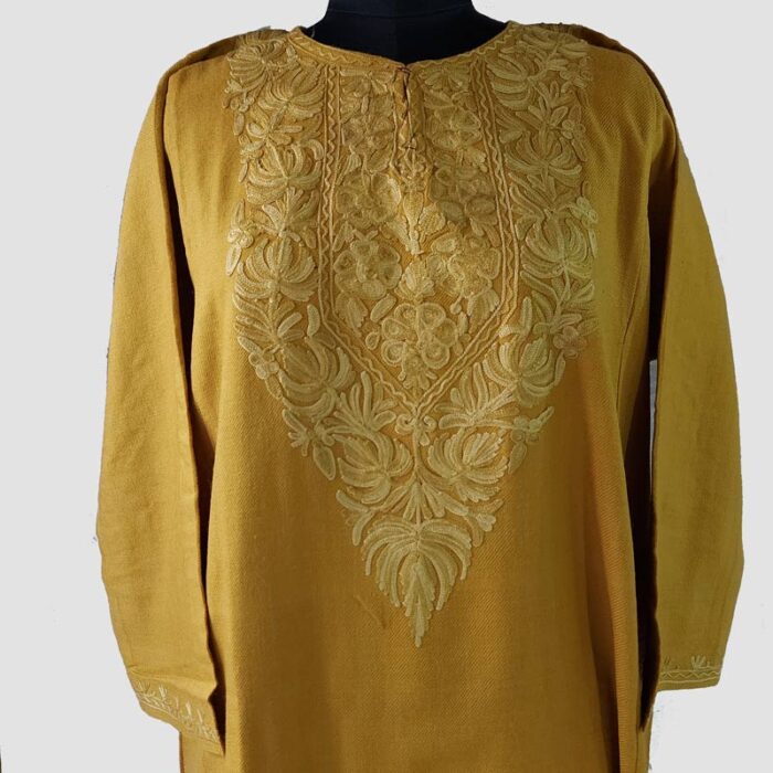 Mustard Cashmilon Pheran with Aari Work