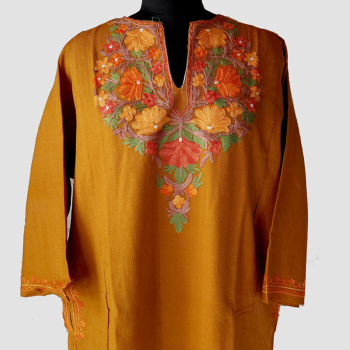 Mustard Aari Work Cashmilon Pheran