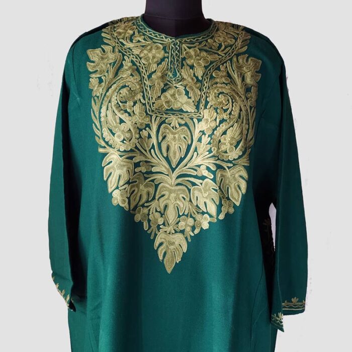 Dark Green Cashmilon Pheran with Chinar Leaf Aari Work