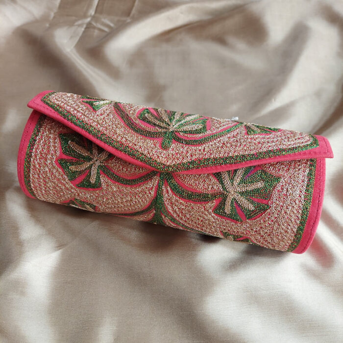 Pink Clutch With Zaari Chinar Leaf Work