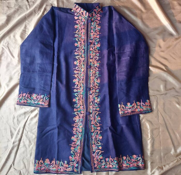 Dark Blue Aari Work Woolen Jacket - Image 4