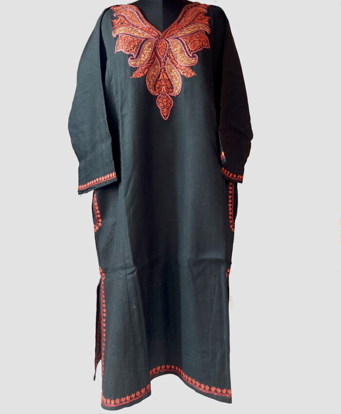 Black Pure Raffal Pheran With Beautiful Hand Sozni Work - Image 2
