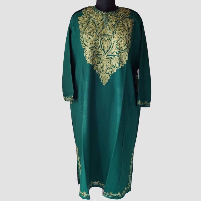 Dark Green Cashmilon Pheran with Chinar Leaf Aari Work - Image 2