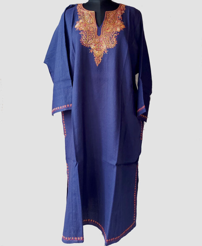 Dark Blue Pure Raffal Phiran With Hand Sozni Work - Image 2